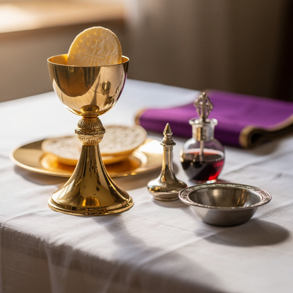 St. Barbara's Roman Catholic Church sacraments including baptismal font and communion elements
